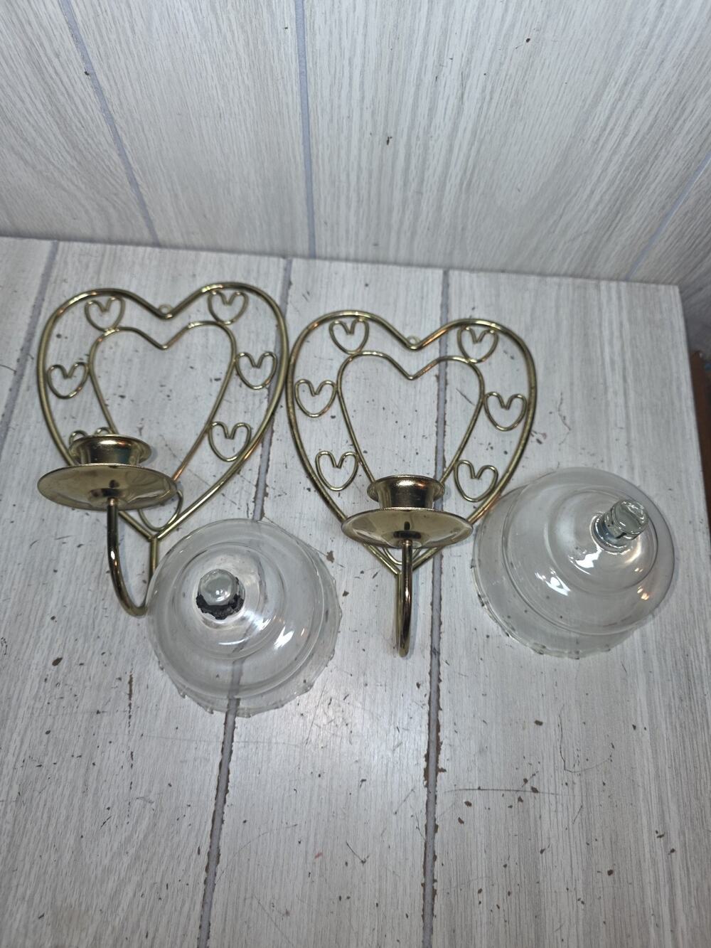 Vtg Homco Brass Heart Candle Holder Wall Sconces Clear Ruffle Votives Set